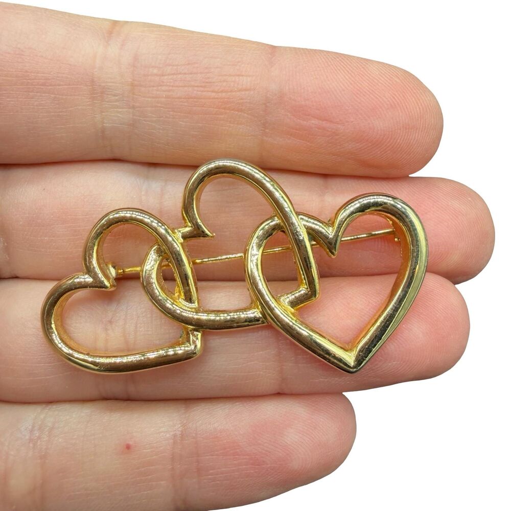 Vintage Gold Tone Triple Heart Brooch Hearts pin 3 heart brooch interlocked hear